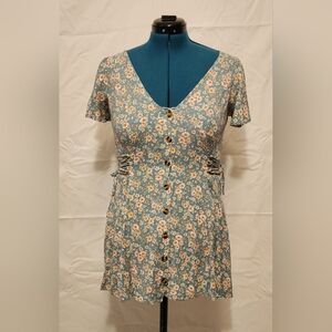 Band of Gypsies Floral Button-Front Mini Dress - Teal Boho Side Tie - Size M